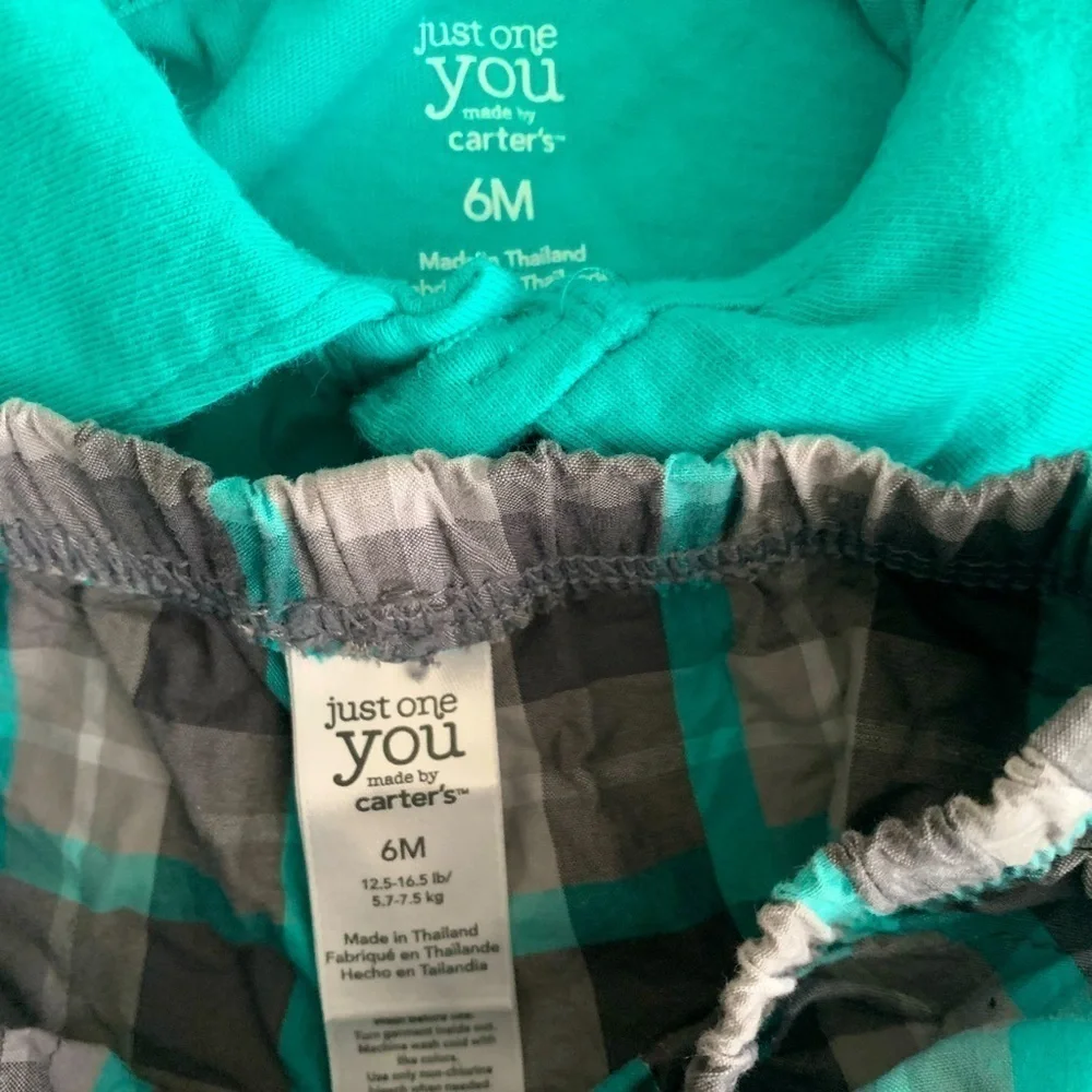 Carter's Turquoise Shirt and Gray Plaid Car Shorts Set
